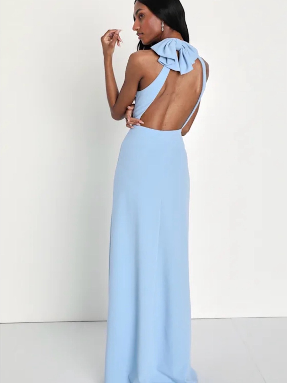 NWT Lulus Striking Elegance Light Blue Bow Backless Halter Maxi Dress Size Large